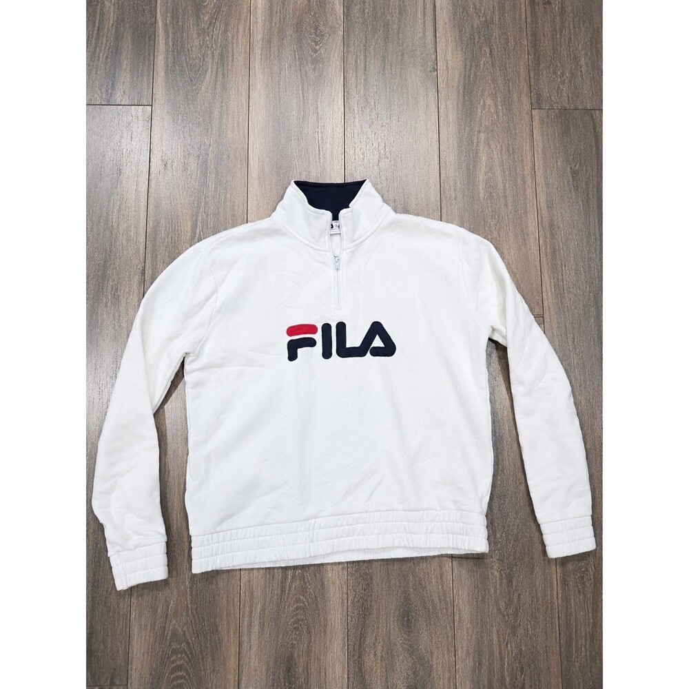 FILA Womens XL White Quarter Zip Big Logo Spellout Fleece Sweatshirt